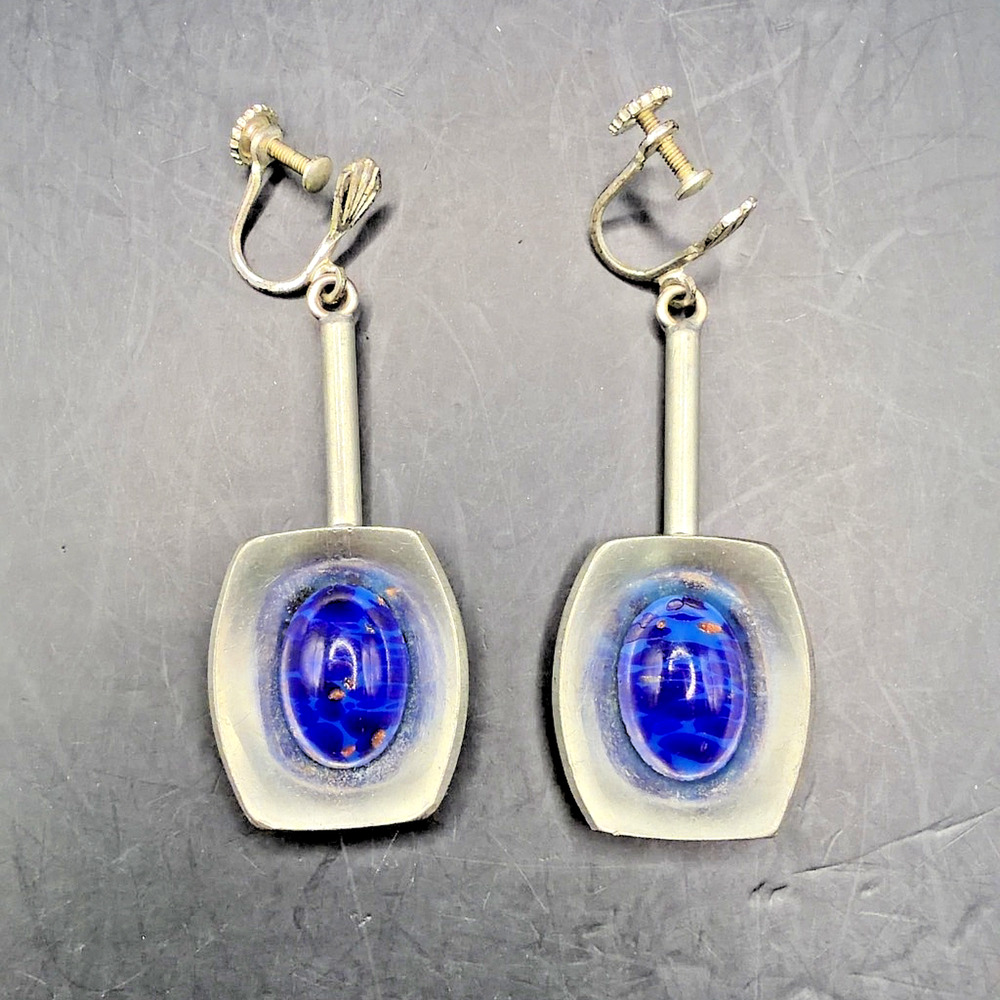 Jorgen Jensen 220 Danish Modern Pewter Blue Art Glass Screw Back Earrings EUC